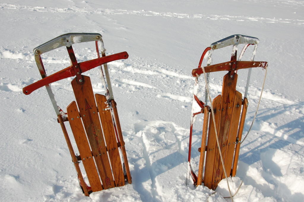 Two sleds in the snow in Running Springs California