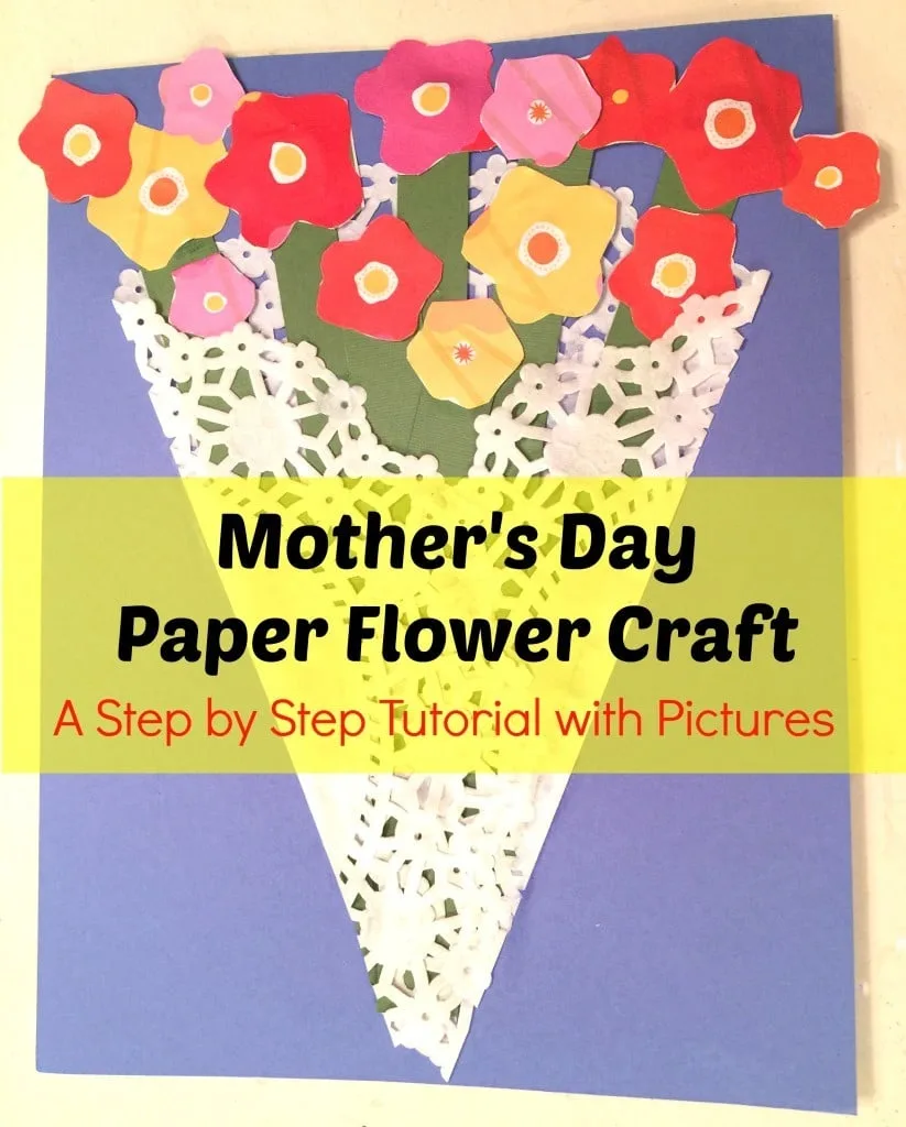 Make this very easy Mother's Day Paper Flower Craft! All you need is a dolly, craft paper, white glue, scissors and ribbon.