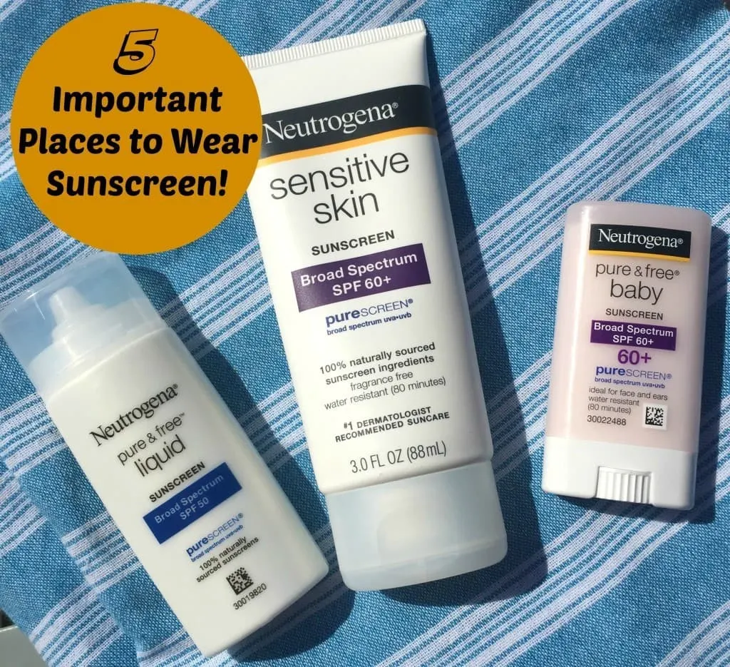 5 Important Places to Wear Sunscreen including the park, pool, on a boat, on a field trip and when going to school.