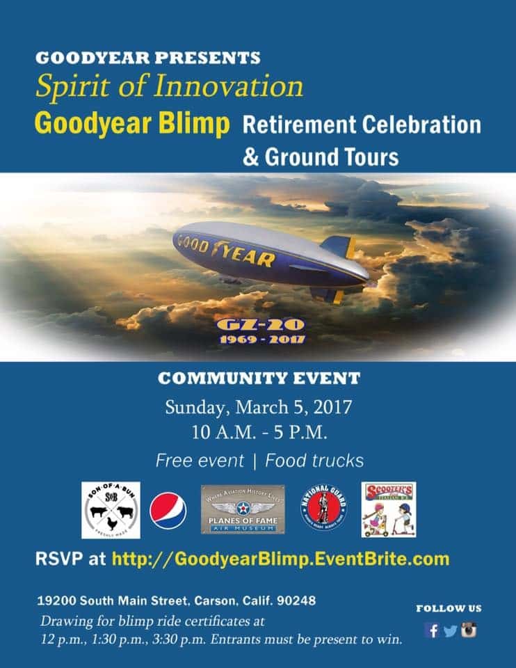Get free tickets to take a ground tour of the Goodyear Blimp on March 5 from 10 am - 5 pm in Carson, California.