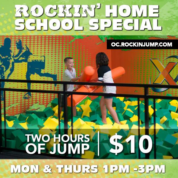 Rockin' Jump Orange County is excited to offer a special jump time dedicated to families that home school in the area. Every Tuesday and Thursday from 11 am – 1 pm they open their park for home school families, with each jumper being $10 for the entire 2 hour duration.