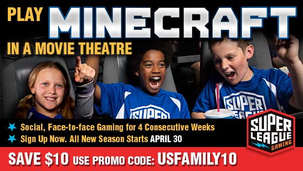 Does your son or daughter like to play Minecraft as much as my children do?  Now your family can play Minecraft in select movie theatres with Super League Gaming!  Super League brings together gamers of all ages for a fun, social, face-to-face gameplay experience on the big screen with superhero themed maps and mods in a custom Minecraft adventure called, Rise of Heroes.