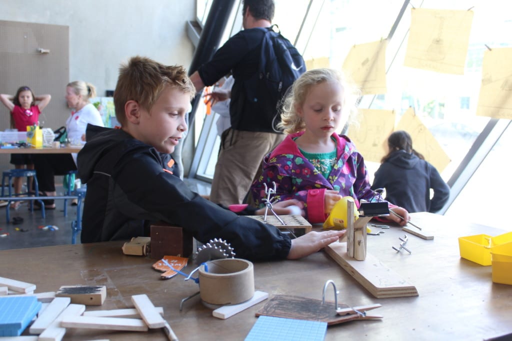 In the Innovators Lab, as a part of the Experimentation area at the San Diego Children's Discovery Museum, children make connections with science, technology, engineering, and math through a continually changing series of investigative science stations.