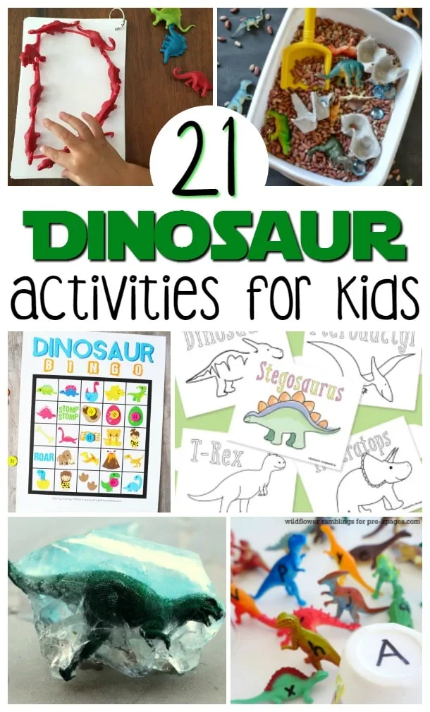 Check out this list of 21 Easy Dinosaur Activities For Kids that not only celebrate colossal creatures, but also entertain and educate children. There's everything from bingo, letter matching, and coloring, to all sorts of sensory activities and crafts. There's even a backyard scavenger hunt that will have your kids searching for hidden dinosaurs!
