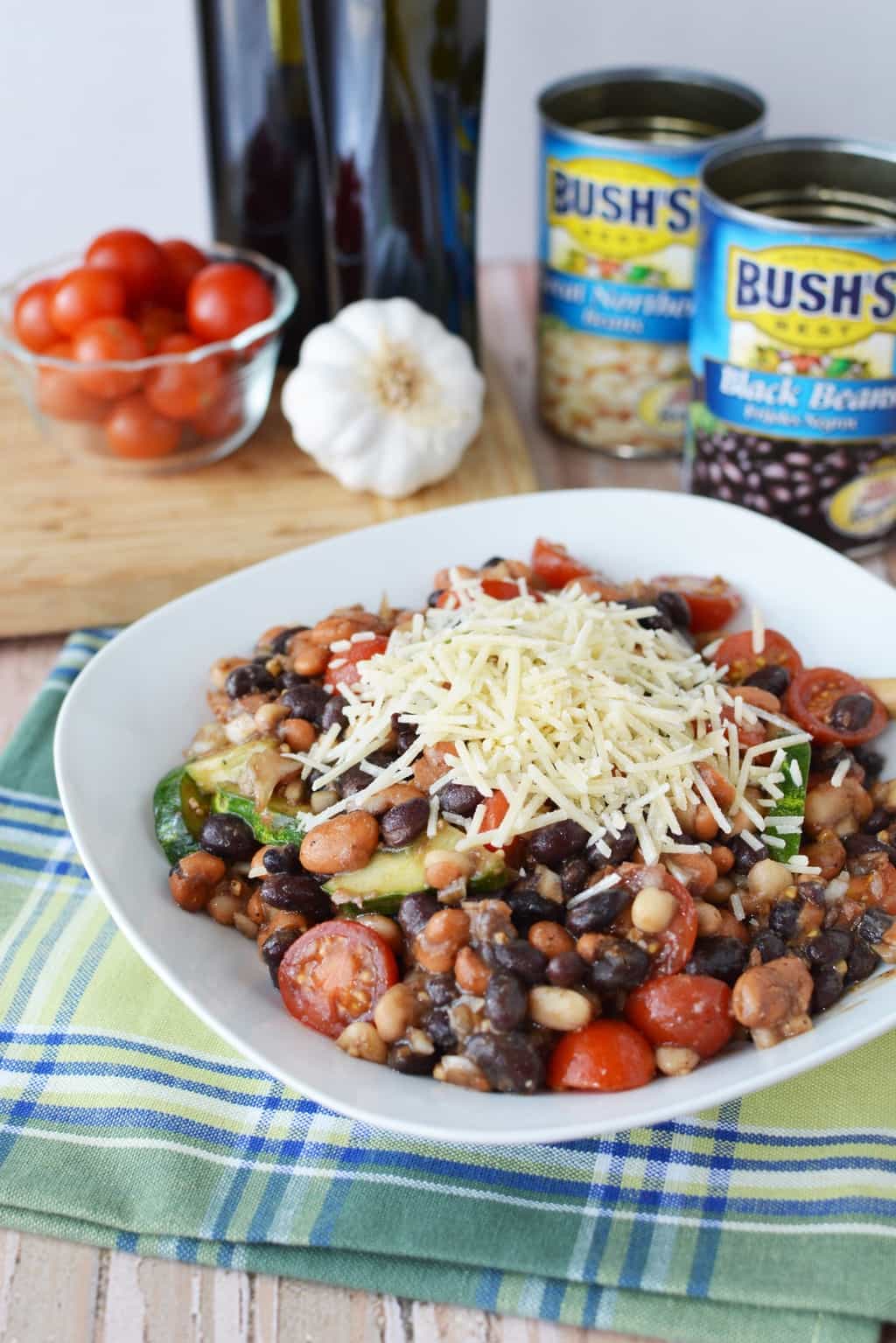 Are you planning a game day or super bowl party? This Easy Cold Bean Salad has the taste of 'mush' beans along with the crunch of an onion and a cucumber.  It also has a balsamic-y taste because of the vinegar, but it's not too strong.