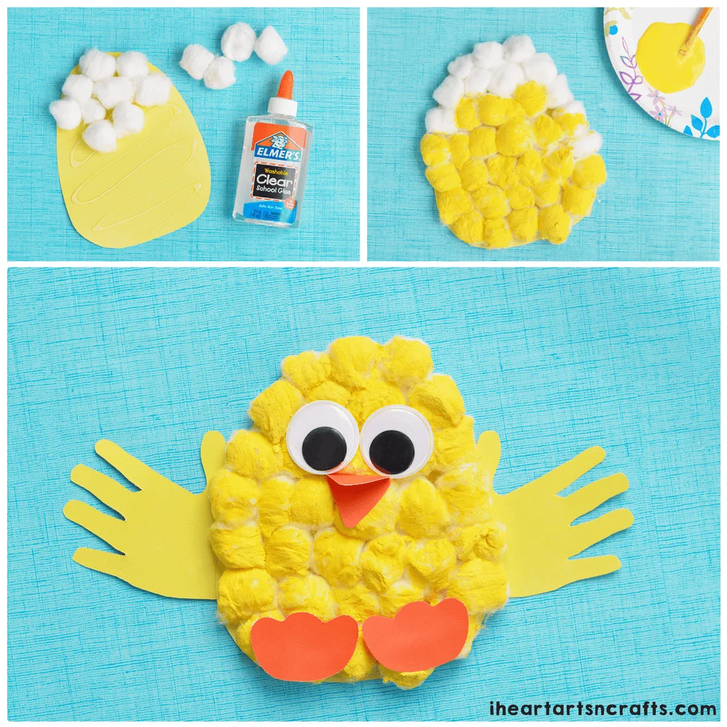 handprint baby chick craft with yellow cotton balls