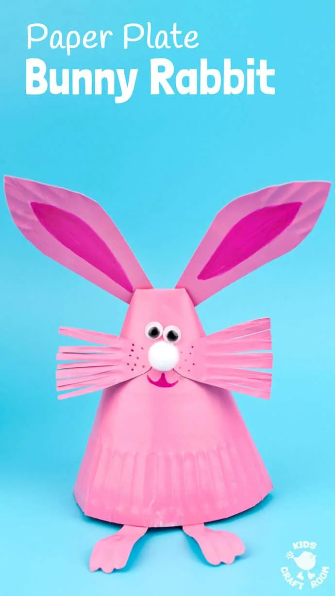Pink paper plate bunny craft with ears and whiskers