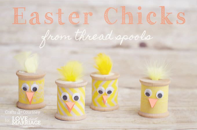 baby chick craft made with a thread spool and feathers