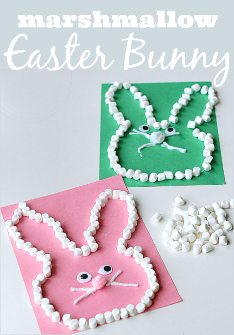 pink and white construction paper bunnies made with marshmallows