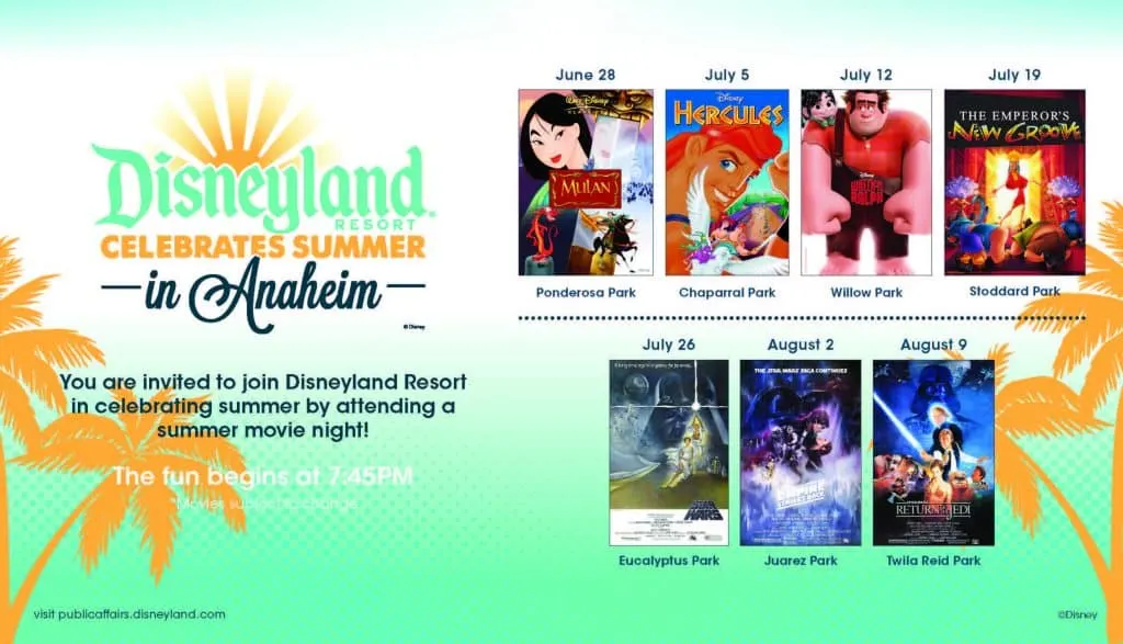 During the summer the Disneyland Resort hosts a number of free Disney movie nights at various local parks throughout Anaheim for residents.