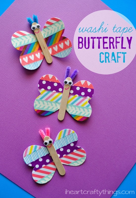 multicolored butterfly craft made out of popsicle sticks and wasabi tape