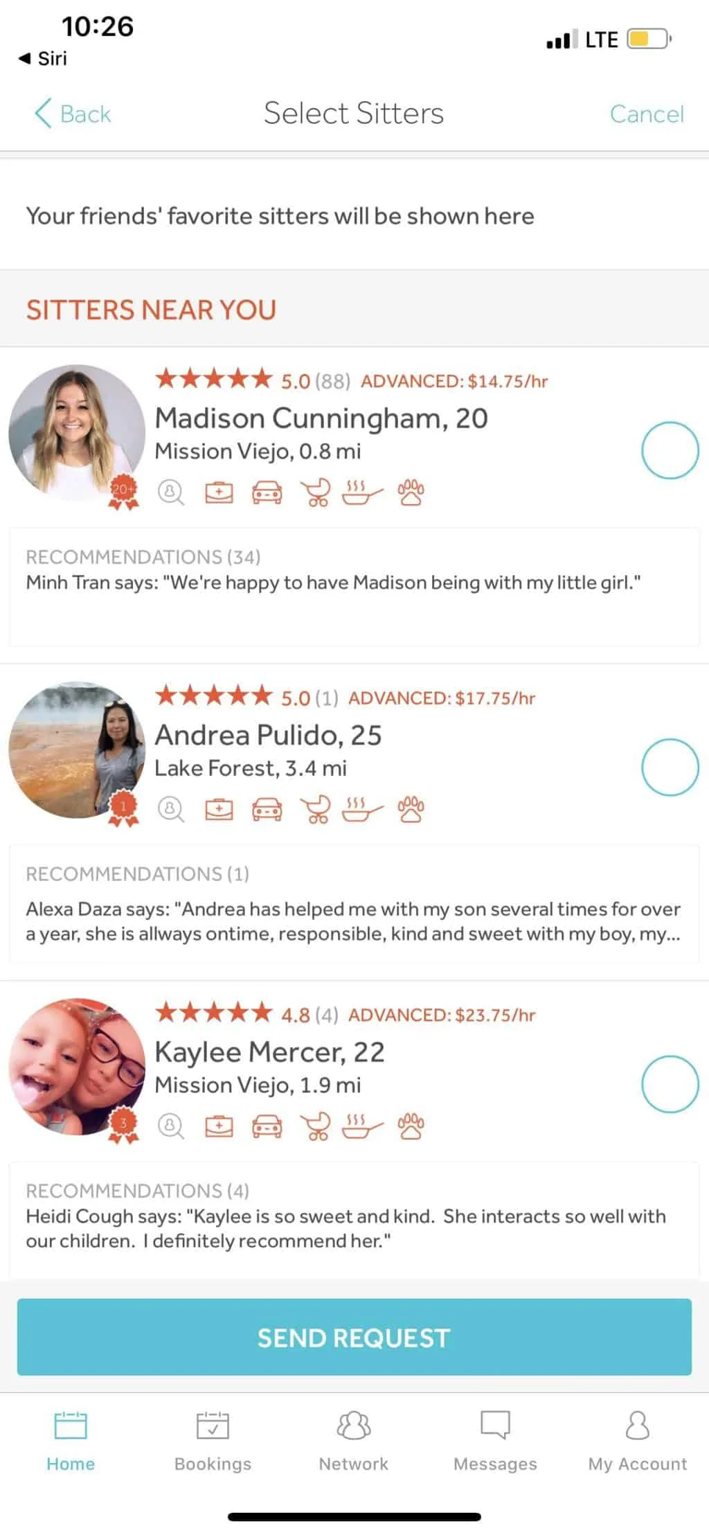 Babysitters listed on Bambino App