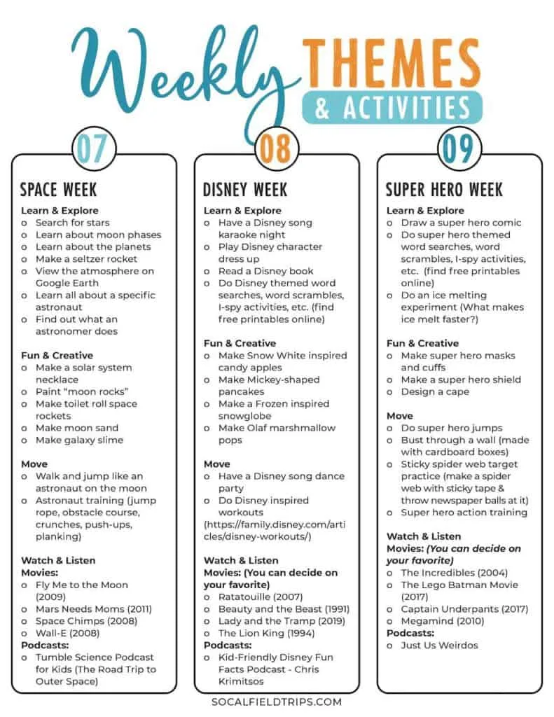 Weekly camp themes for caregivers