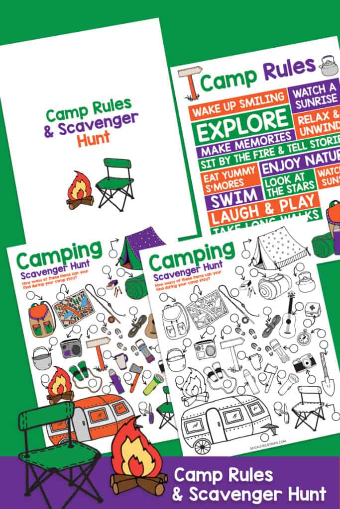Before you head out camping, grab this free Camping Scavenger Hunt Kids printable!  It was designed with all ages in mind.  Camping rules for the older kids to read and sound out loud and a picture scavenger hunt of items for kids to have fun doing while going camping with family and friends.